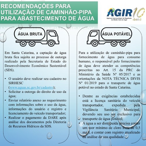 AGIR emite recomendações para a utilização de veículo transportador (caminhão-pipa) para abastecimento de água