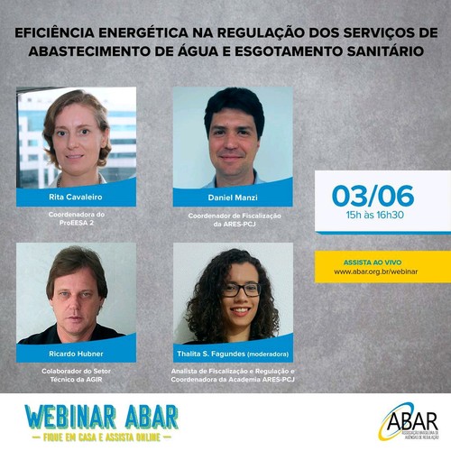AGIR participará do webinar “Eficiência Energética na Regulação dos Serviços de Abastecimento de Água e Esgotamento Sanitário”