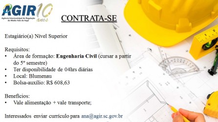 AGIR abre processo seletivo para contratação de estagiário - área de formação: engenharia civil